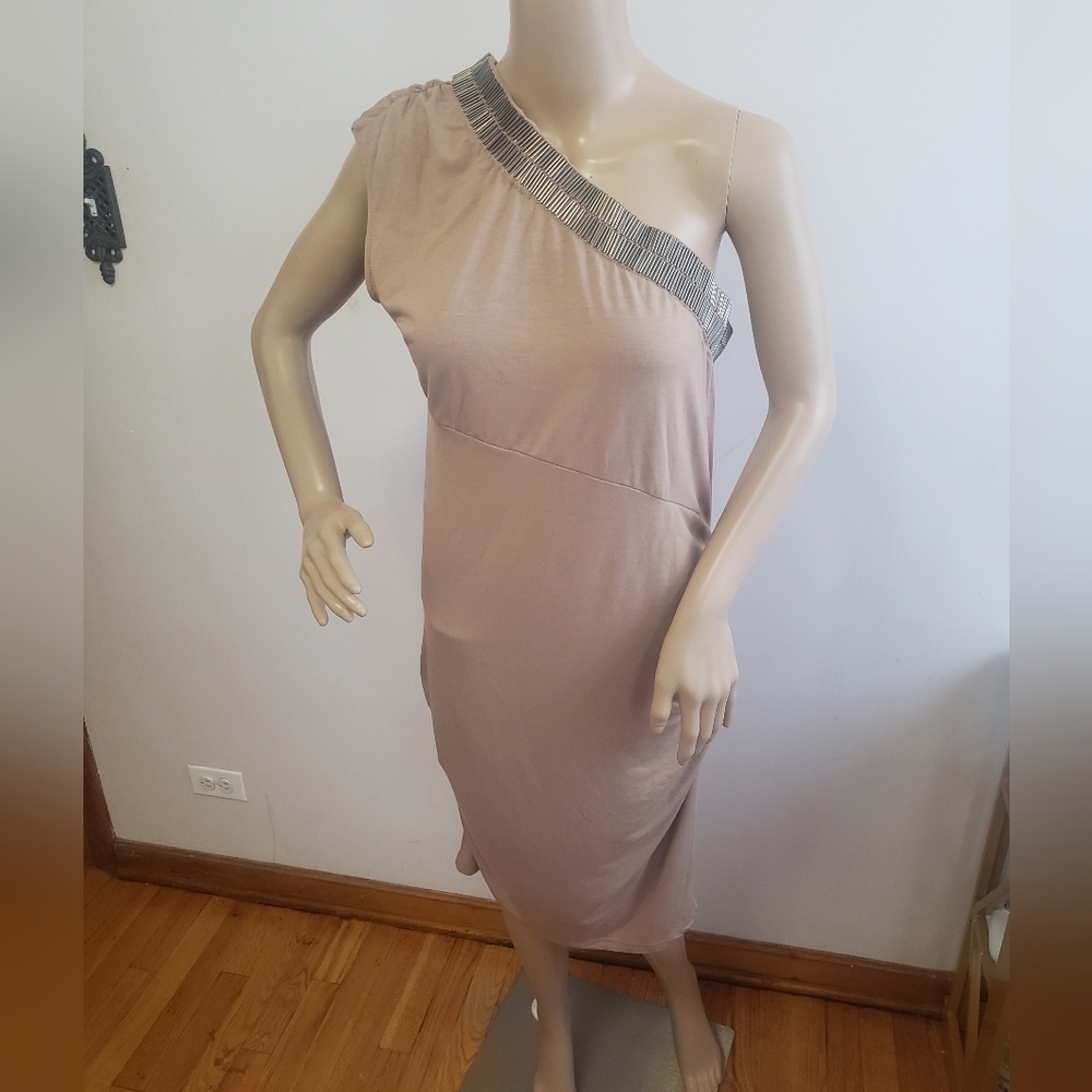 Queen Latifah Collection Bead Accented Tan One Shoulder Ruched Dress~ Size Large
